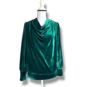Anthropologie BTFL Life Green Velvet Cowl Neck Top Sz M Long Balloon Sleeves